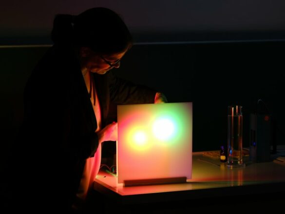wwu-chemie-1 Frau Prof. erklärt etwas praktisch während ihres Vortrags.