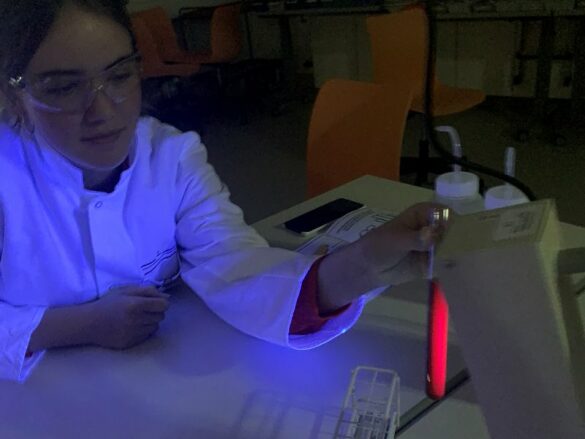 wwu-chemie-5 Eine Schülerin hält ein mit Chlorophyll gefülltes Reagenzglas unter eine UV-Licht-Lampe. Dieses leuchtet rot.