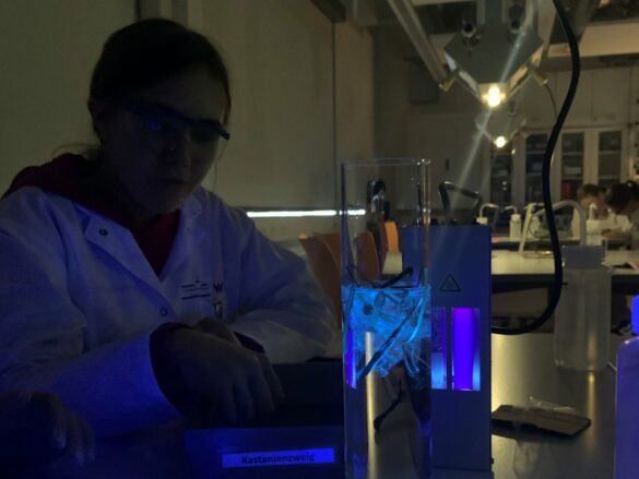 wwu-chemie-6 Ein Mädchen betrachtet das leuchtende Reagenzglas.