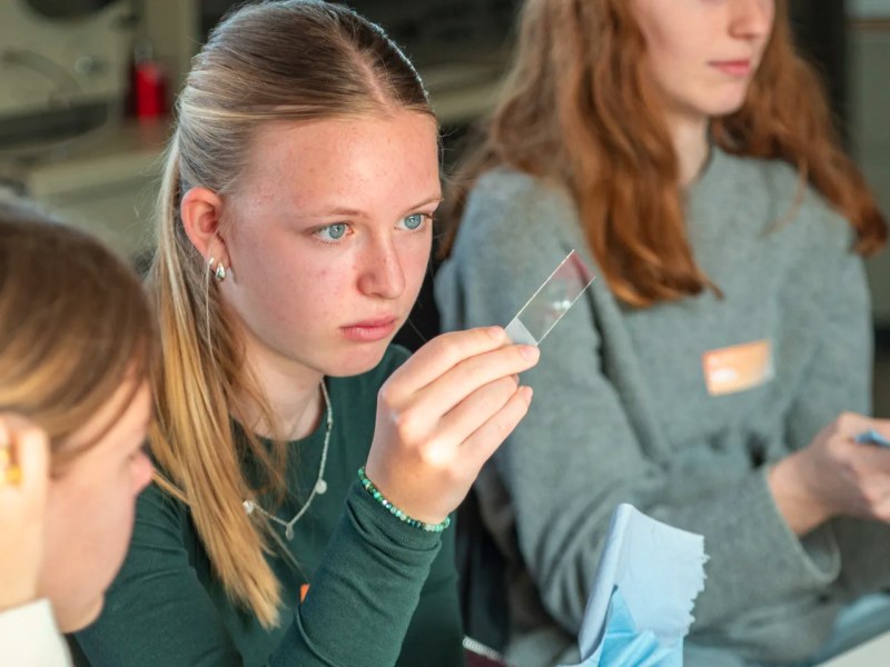 FH5-2026 Eine Schülerin schaut sich ein Probenglas an, bevor sie es unter dem Mikroskop untersucht.